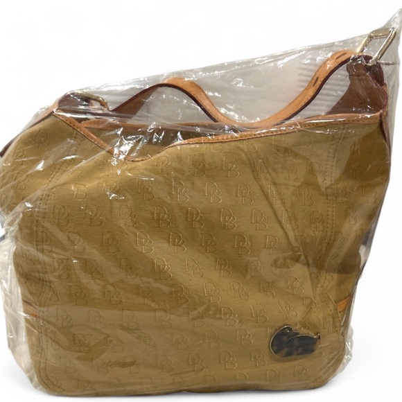 Dooney & Bourke Vintage Tan Canvas Signature Hobo Bag with red interior - Picture 11 of 12